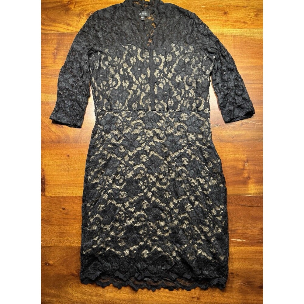 Karen Kane Black Lace Dress Large Nude Lining V-Neck Stretch 3/4 Sleeves Zip